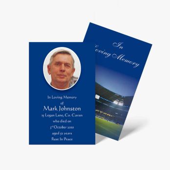 a blue and white funeral card with a photo of a man