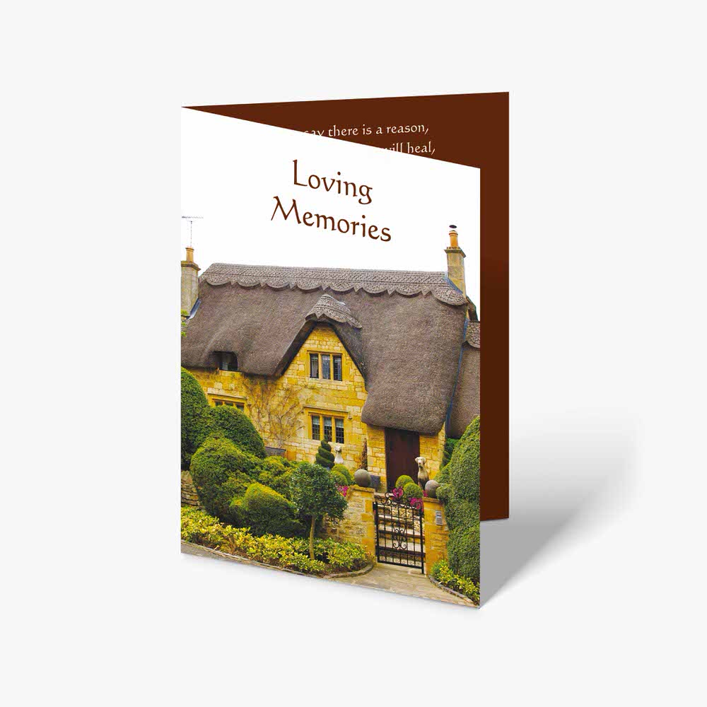 a card with a cottage in the background