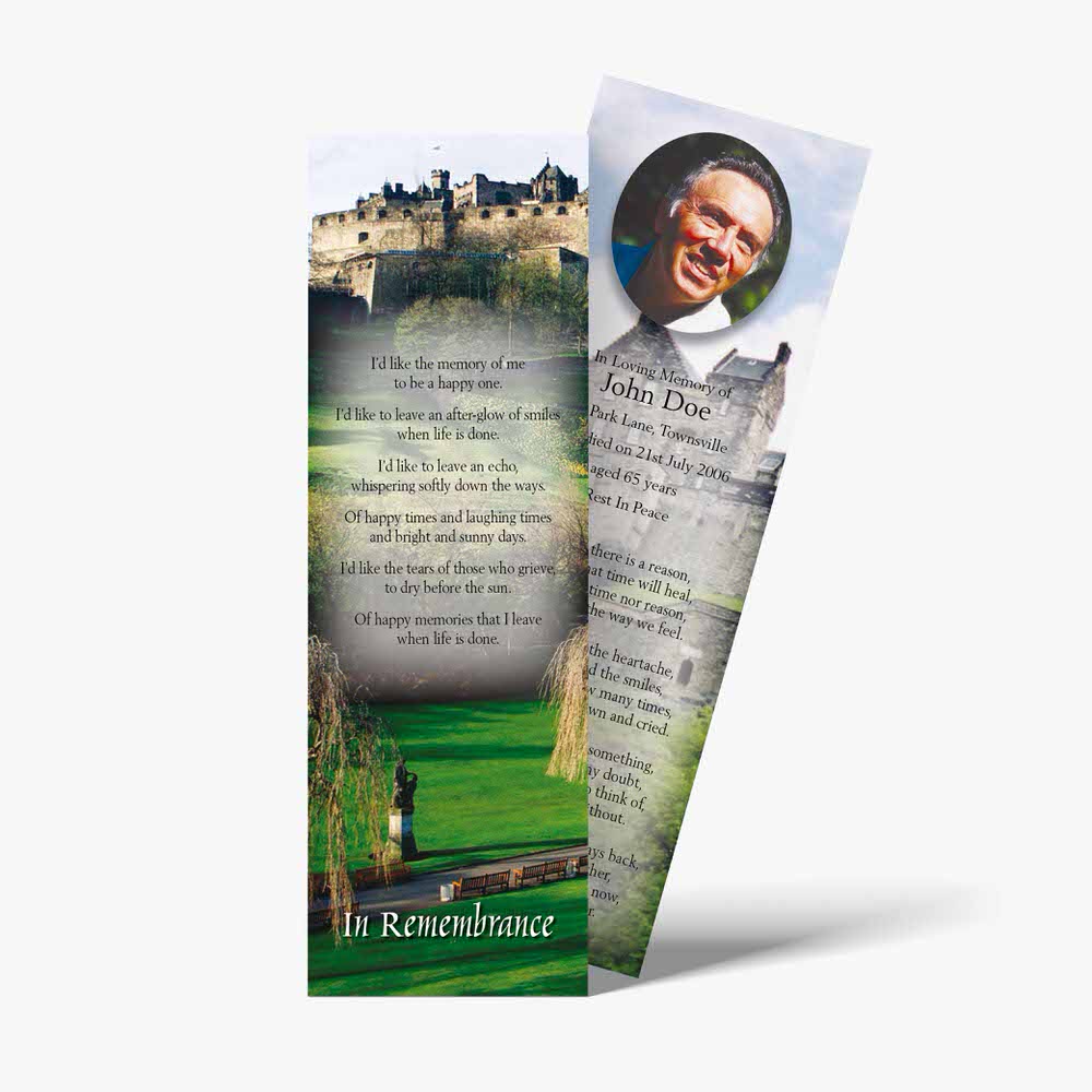a bookmark with a photo of a castle and a poem