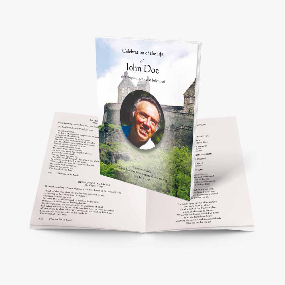 a funeral booklet with a photo of a man in a castle