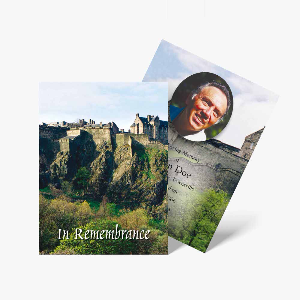 a memorial card with a photo of a castle and a photo of a man