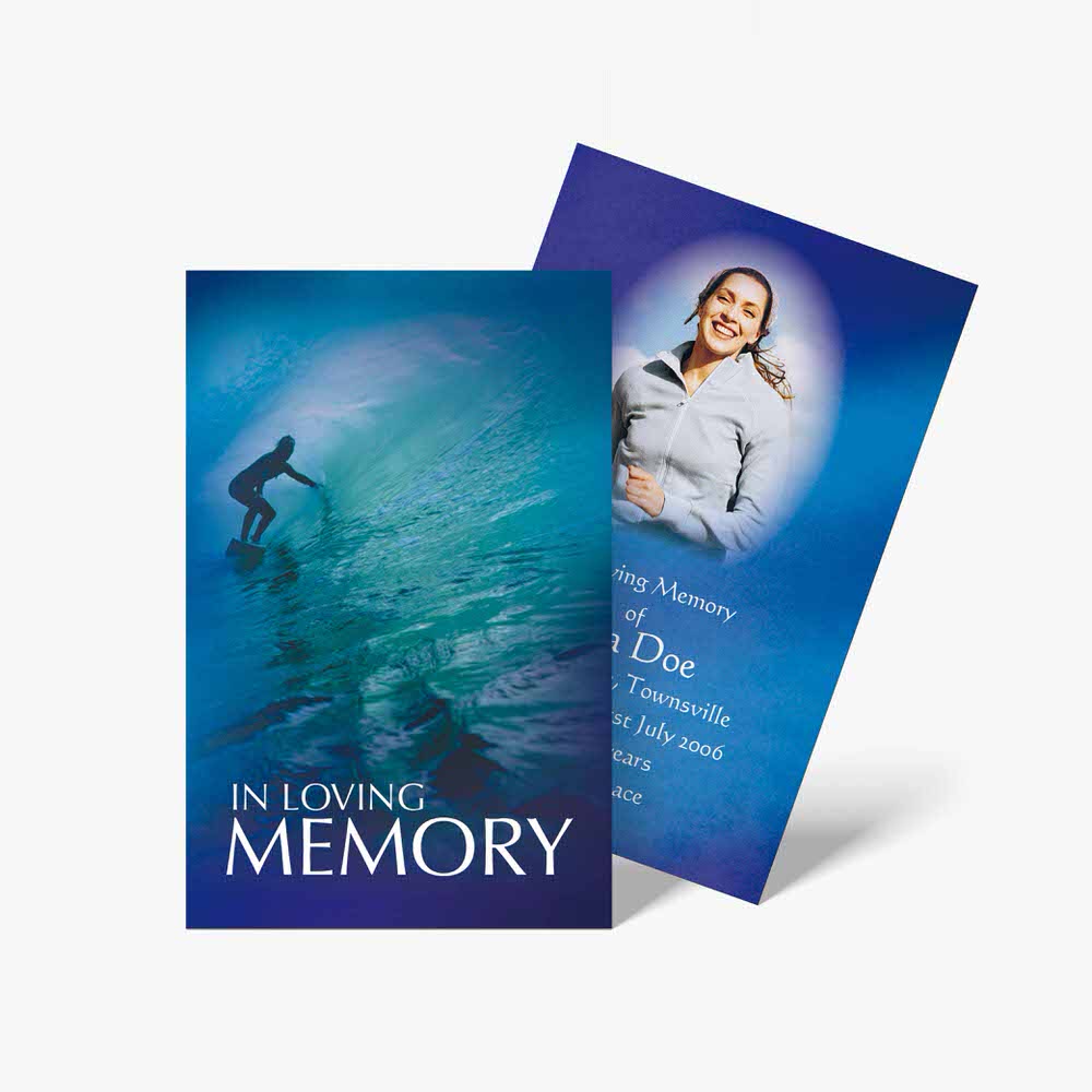 two cards with a photo of a surfer on a blue background