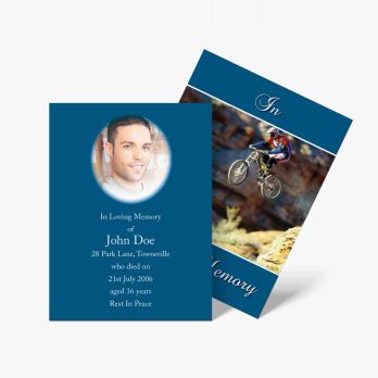 a blue funeral card with a photo of a man on a bike