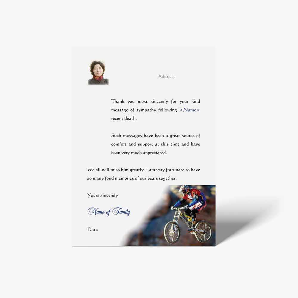 a thank card with a photo of a man on a bike