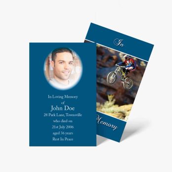 a memorial card with a photo of a man on a bike