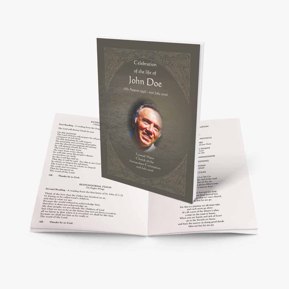 a funeral program template with a photo of a man in a suit