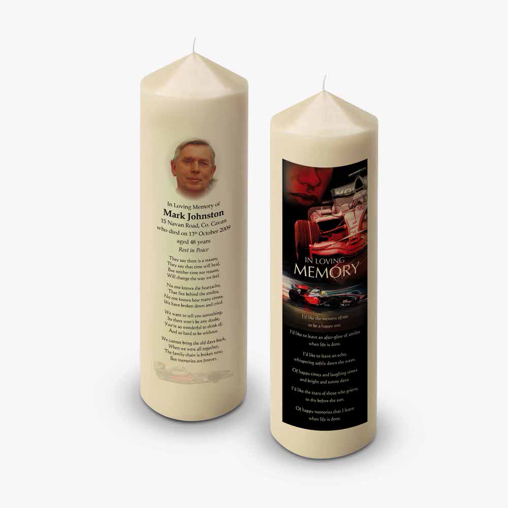 a candle with a picture of a car on it