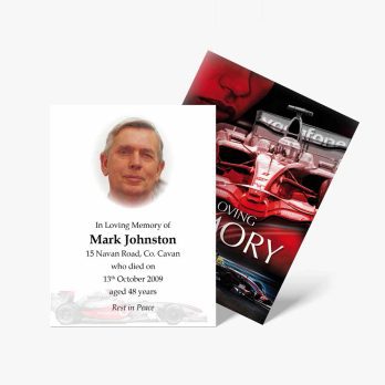 a book and a card with a photo of a racing car