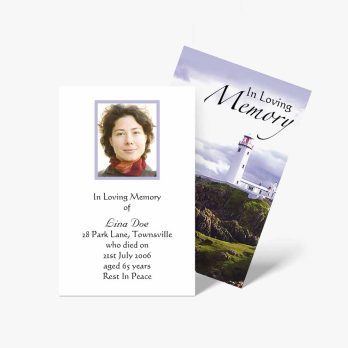 funeral cards with pictures of a lighthouse and a woman in a white dress