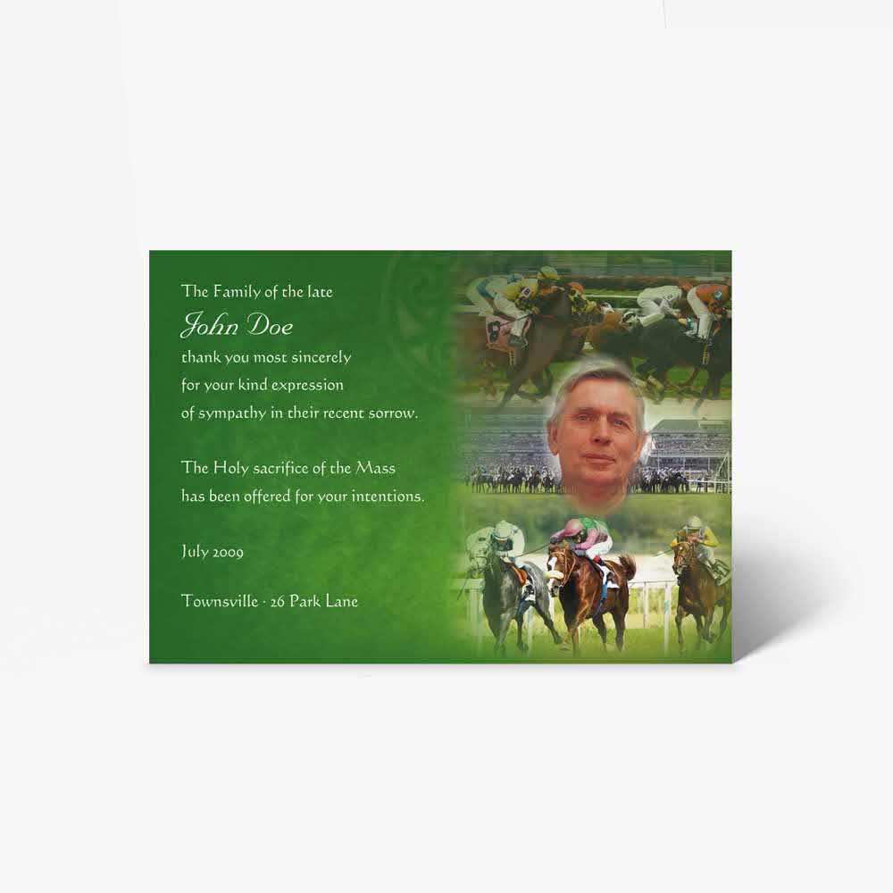 a green and white card with a photo of a horse race