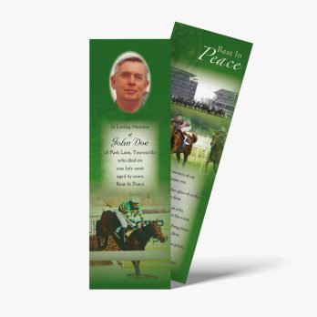 a green bookmark with a horse racing photo on it