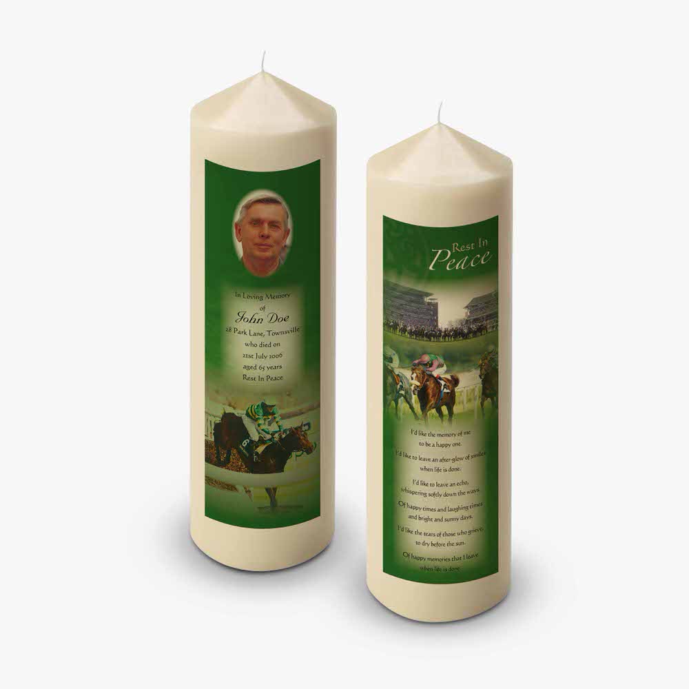 two candles with a picture of a horse race