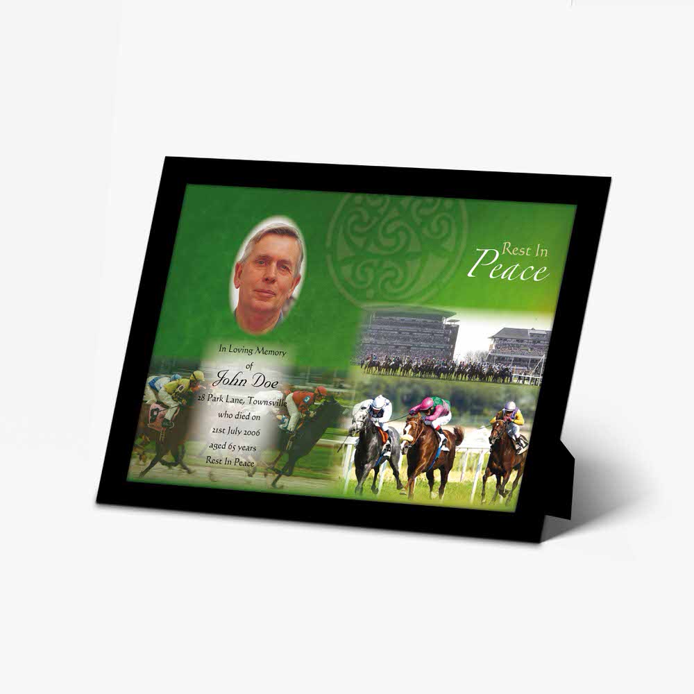 a green frame with a picture of a horse race