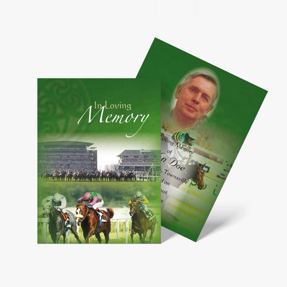 a green card with a picture of a horse race