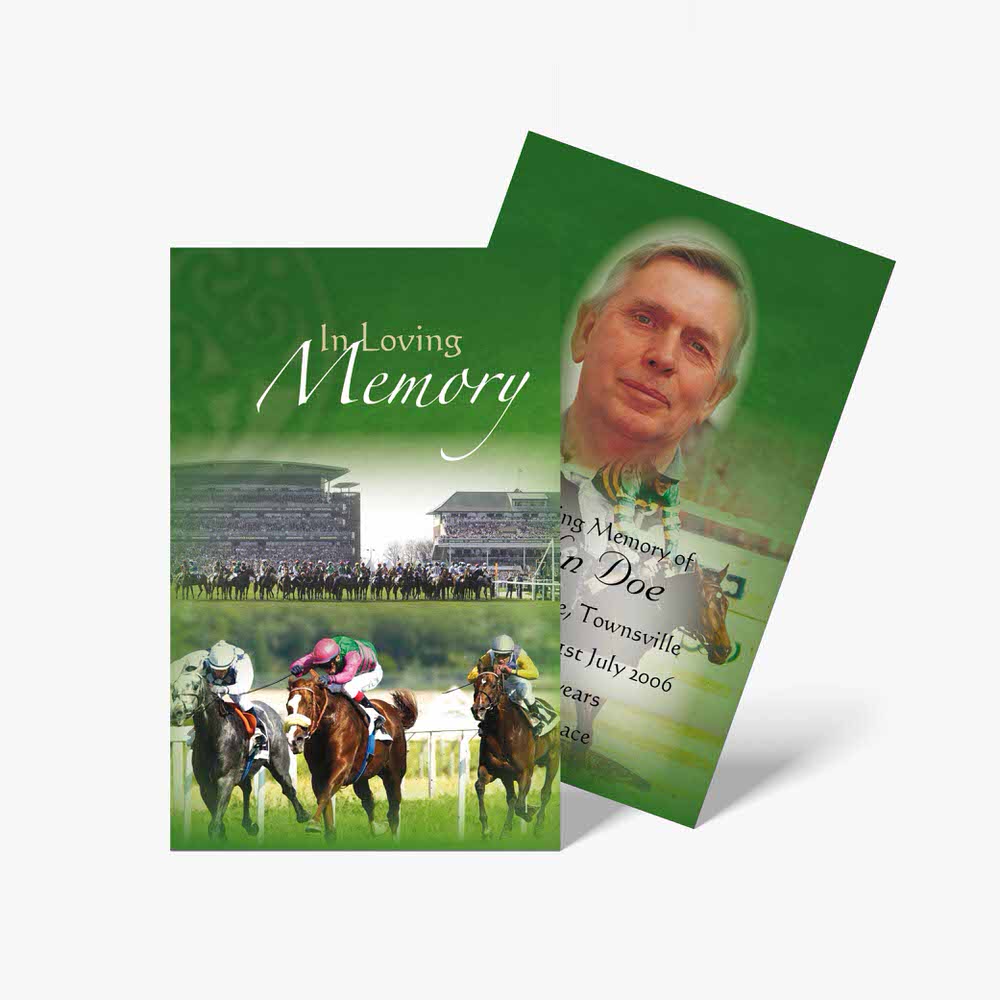 a green card with a horse racing photo on it