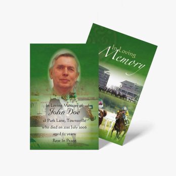 a green card with a photo of a horse race