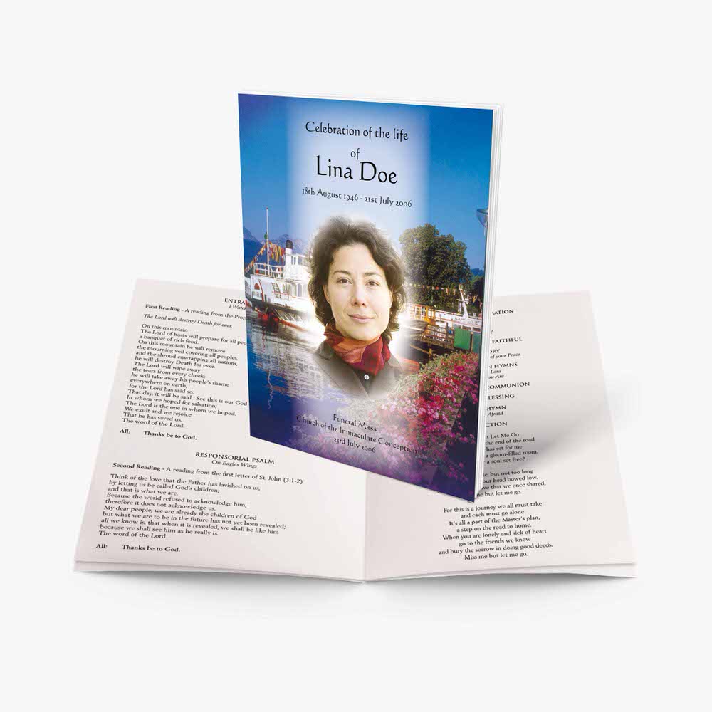 a funeral booklet with a photo of a woman in a boat