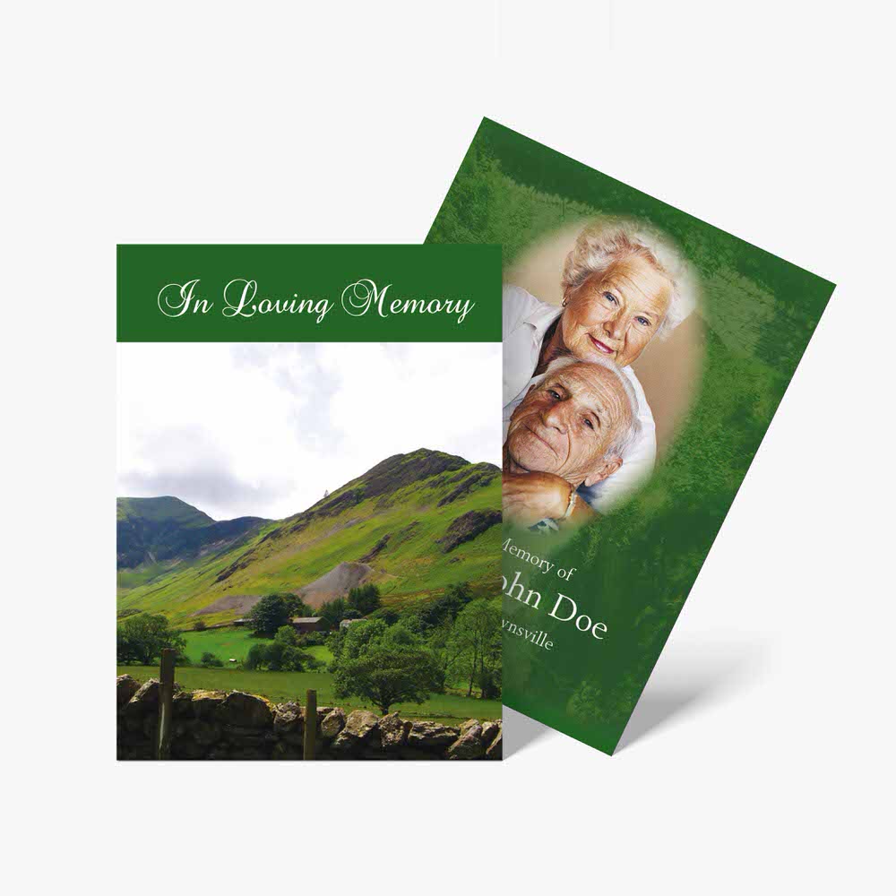 green funeral cards with photo of a mountain