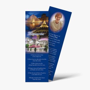 a blue bookmark with a picture of a city