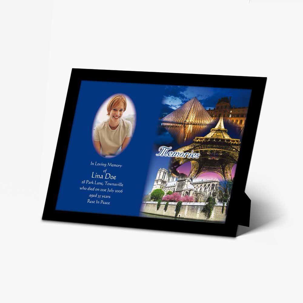 a photo frame with a picture of a city and a blue background