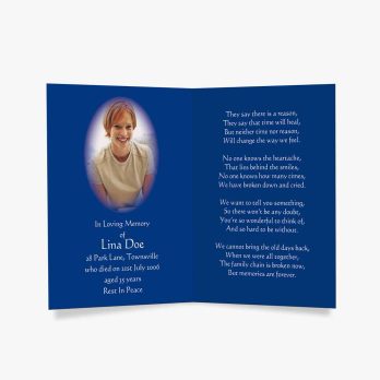 blue funeral card with a photo of a woman in a blue dress