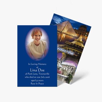 a blue and white funeral card with a photo of a woman