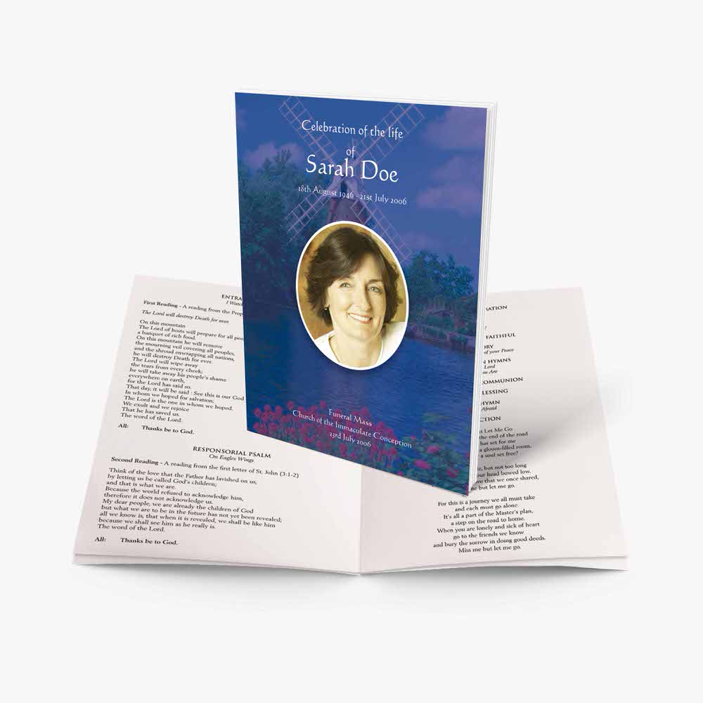 a funeral program template with a photo of a woman in a blue dress