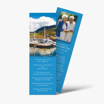a bookmark with a picture of a boat and a picture of an elderly couple