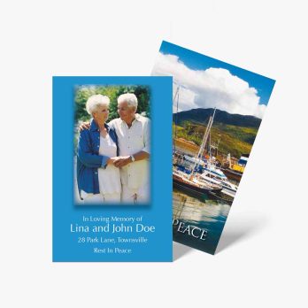 a blue funeral card with a photo of an elderly couple on the front and a photo of a