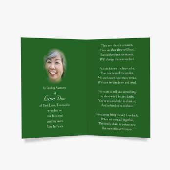 green funeral card with photo of a woman