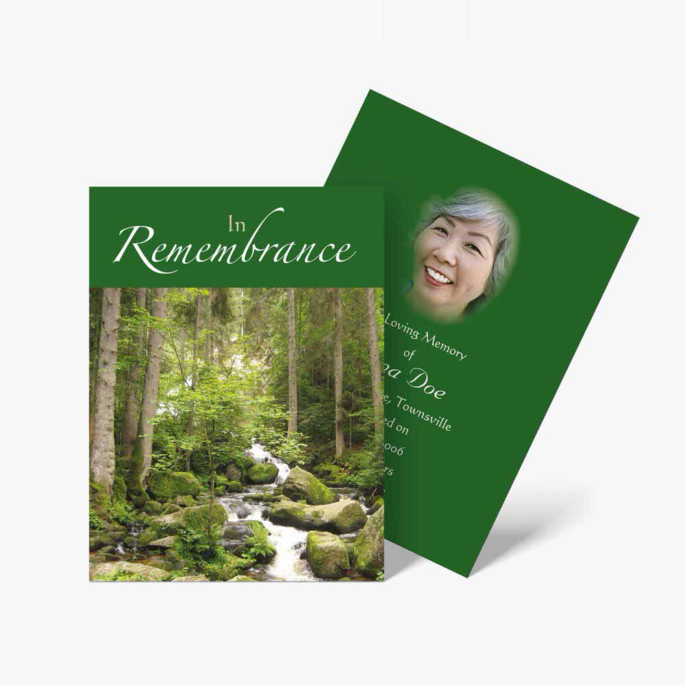green memorial card with waterfall