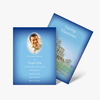 a blue funeral card with a photo of a man