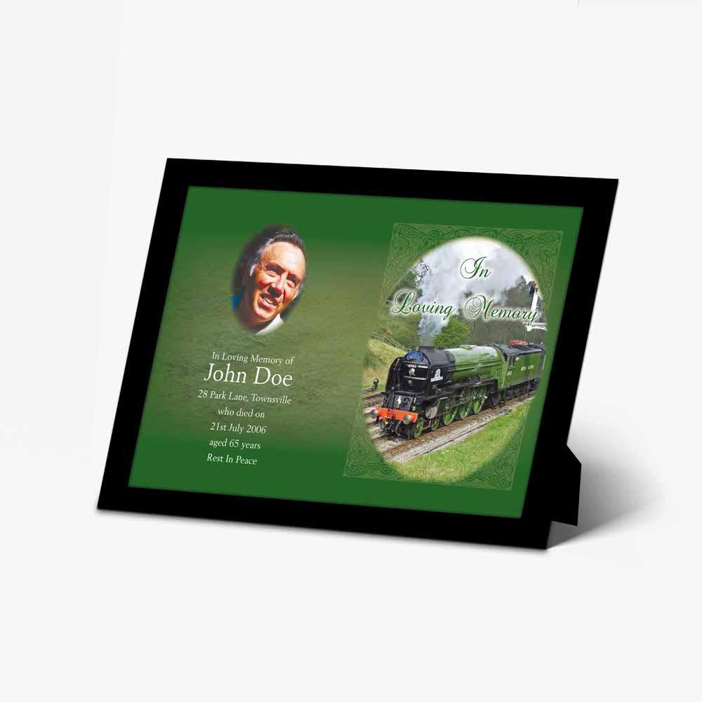 a green and black framed photo of a train