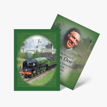 a green funeral card with a train on it