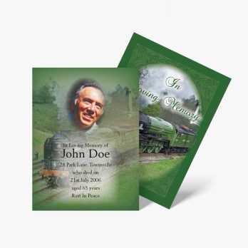 a funeral card with a picture of a train and a man