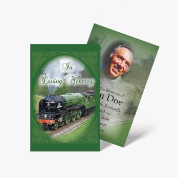 a funeral card with a train on it