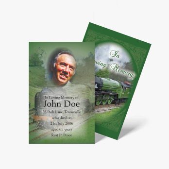 a funeral card with a picture of a train and a man