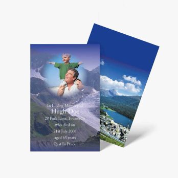 two cards with a photo of a man and woman on top of a mountain