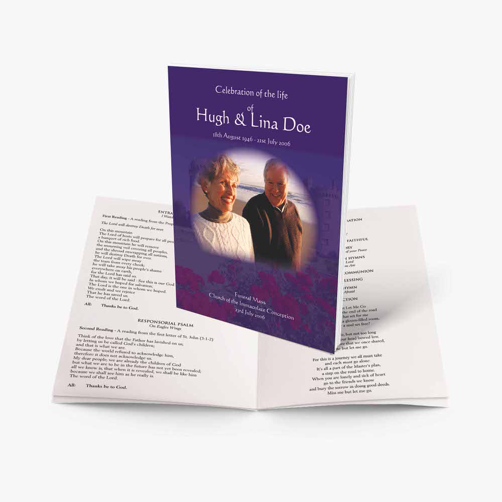 a purple booklet with a photo of a couple in a church
