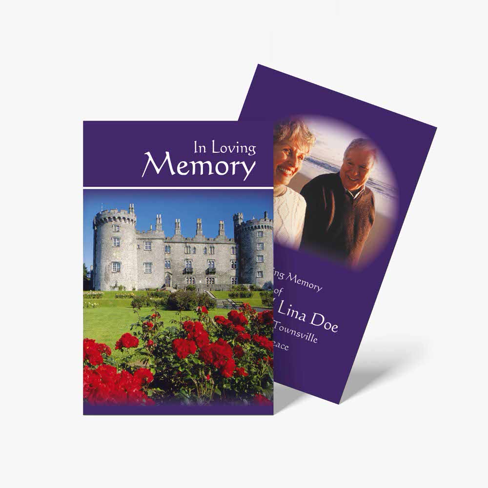 a purple book with a photo of a castle and flowers