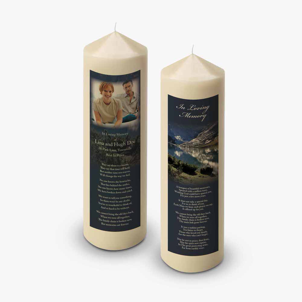 two candles with a photo of a man and his dog