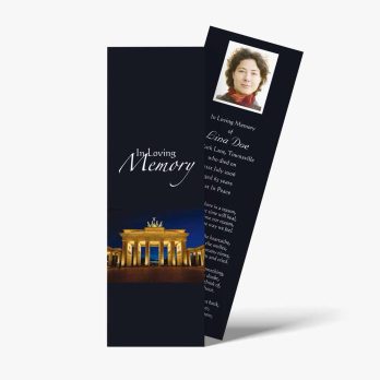 a bookmark with a photo of a woman and a photo of the brandenburg gate