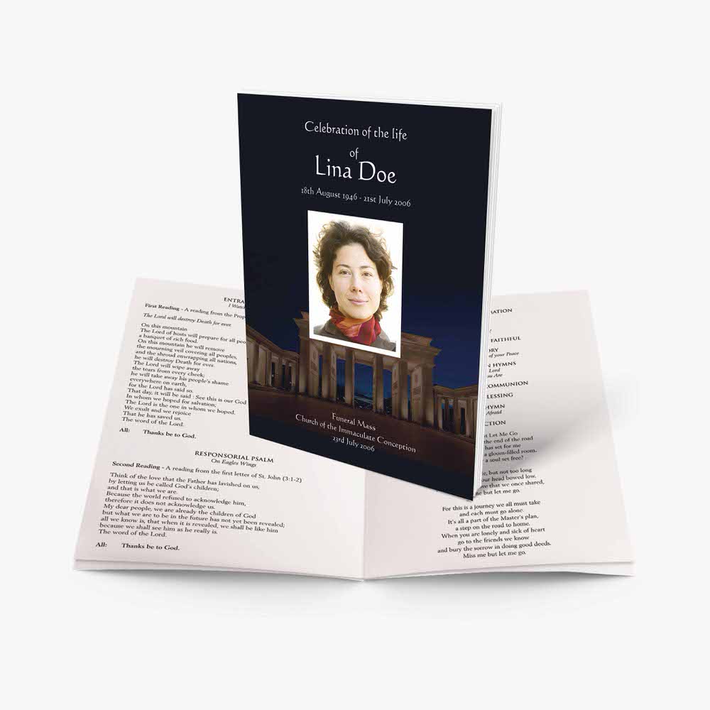 a funeral program template with a photo of a woman in a red dress