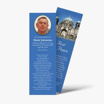 a bookmark with a photo of a church and a blue background