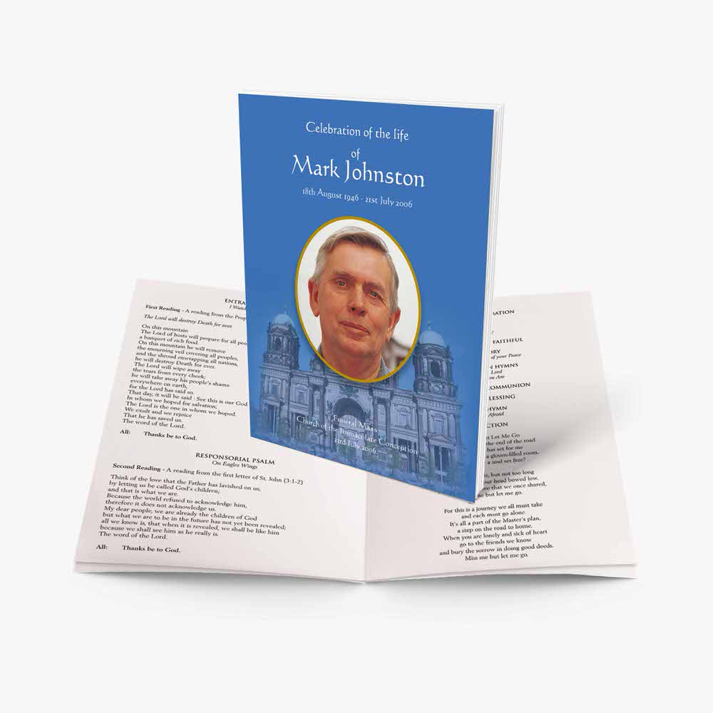 a blue booklet with a photo of a man in a church