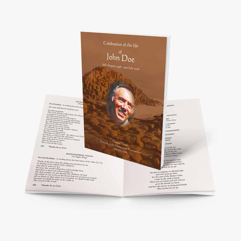 a funeral booklet with a photo of a man in a desert
