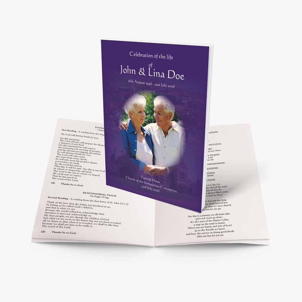 a funeral book with a purple cover and a purple ribbon