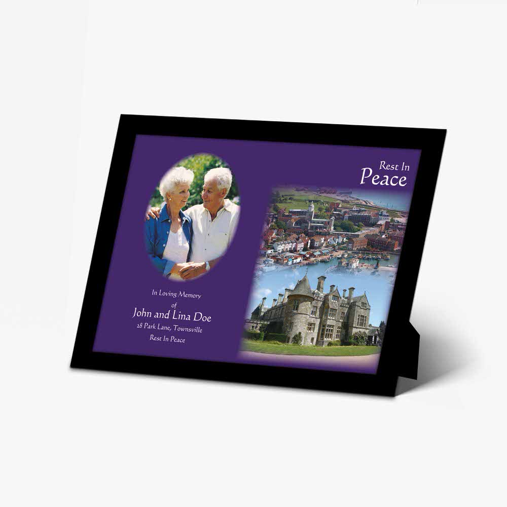 a purple photo frame with a picture of a castle