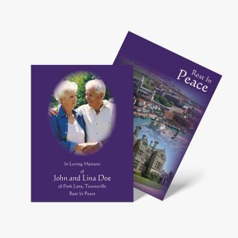 two purple cards with a photo of an elderly couple