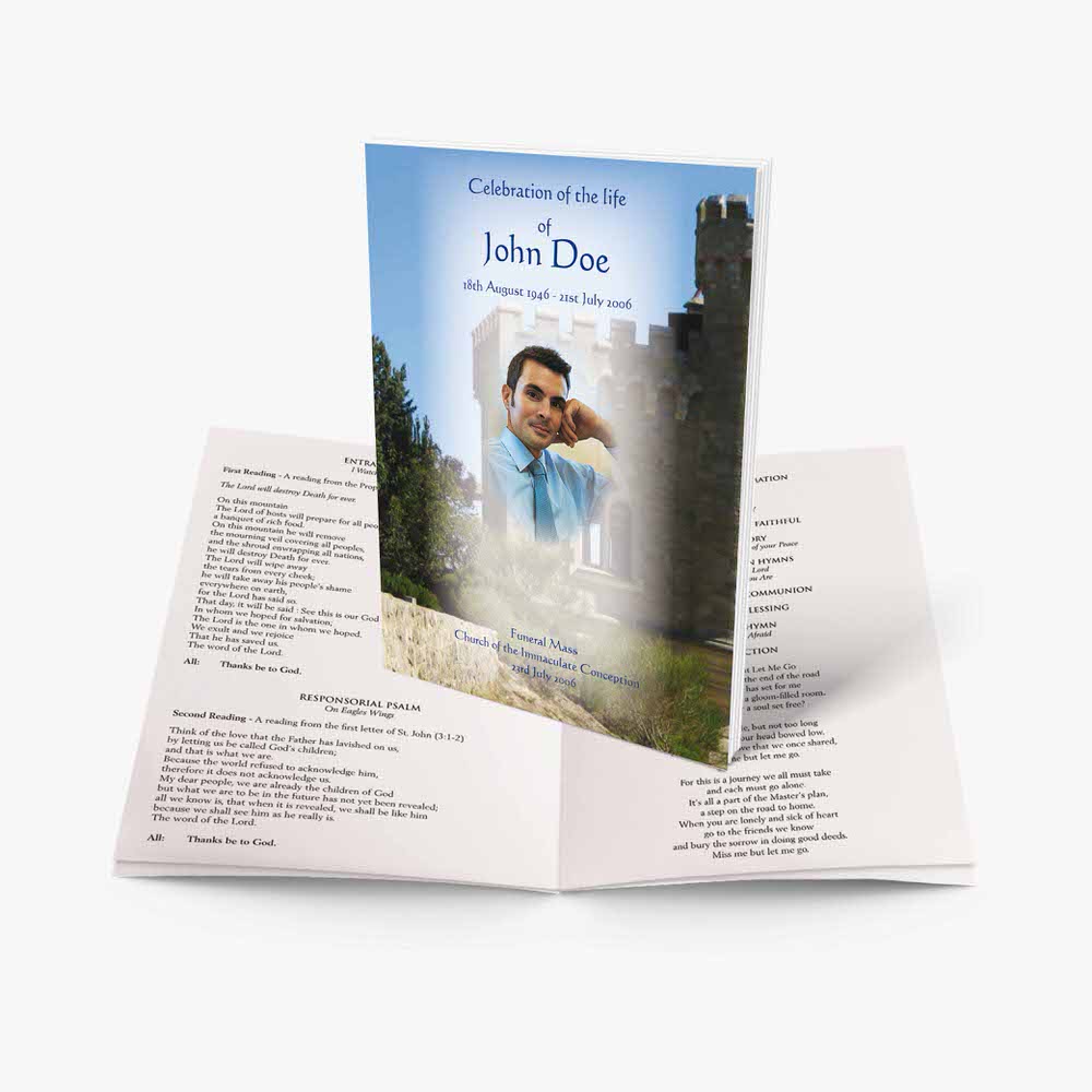 a funeral program template with a photo of a man in a blue shirt